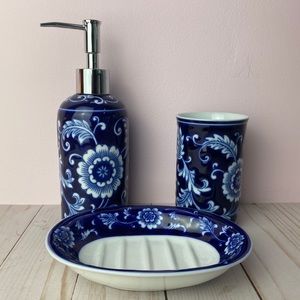 SOLD Pier 1 Imports Collectible Mondrian 3 Piece Bathroom Soap Dish Set Pump Cup